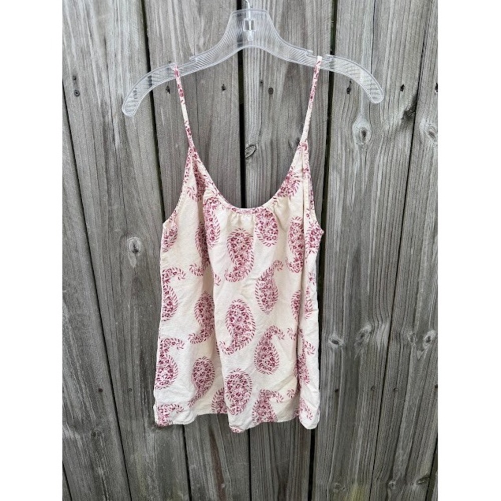 Boho Coastal LOFT Cami Tank Top Medium Cream Burgundy Paisley Linen Blend